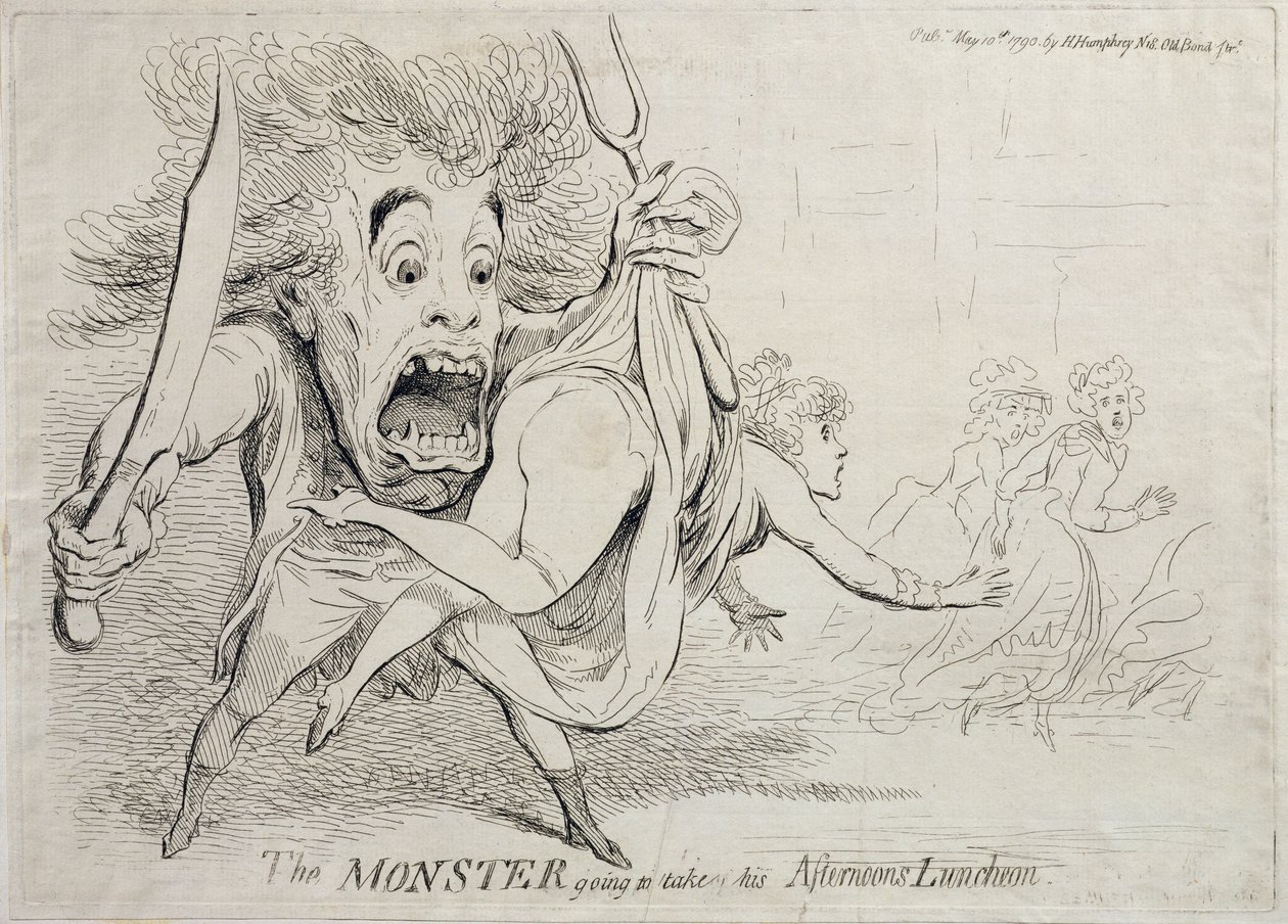 Potwór zamierza zabrać swój popołudniowy obiad, opublikowany przez Hannah Humphrey w 1790 r. autorstwa James Gillray