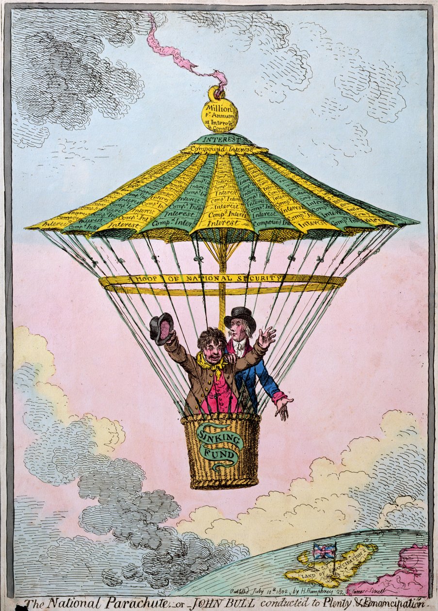 Spadochron narodowy, czyli John Bull prowadzony do obfitości i emancypacji, wydany przez Hannah Humphrey w 1802 r. (akwaforta ręcznie kolorowana) autorstwa James Gillray