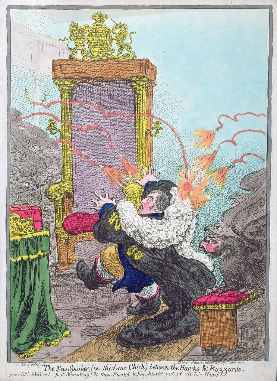 The New Speaker (tj. Law-Chick) pomiędzy Jastrzębiami i Myszołów, opublikowana przez Hannah Humphrey w 1800 roku (akwaforta ręcznie kolorowana) autorstwa James Gillray