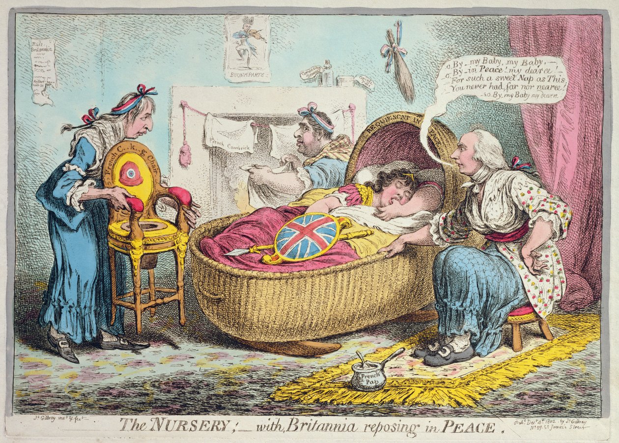 Przedszkole! z Britannią spoczywającą w pokoju, wydaną przez Hannah Humphrey w 1802 r. (akwaforta ręcznie kolorowana) autorstwa James Gillray