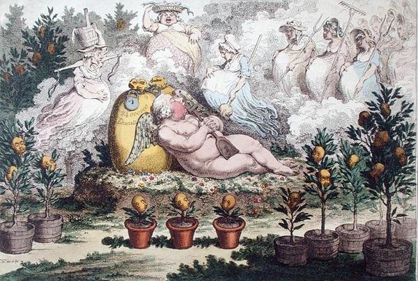 Oranżeria, czyli odpoczywający Kupidyn holenderski, Po zmęczeniu sadzeniem, wydana przez Hannah Humphrey w 1796 r. (akwaforta ręcznie kolorowana) autorstwa James Gillray