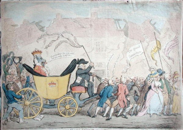 The Pacific Entrance of Earl-Wolf into Blackhaven, opublikowane przez Hannah Humphrey w 1792 r. (akwaforta ręcznie kolorowana) autorstwa James Gillray