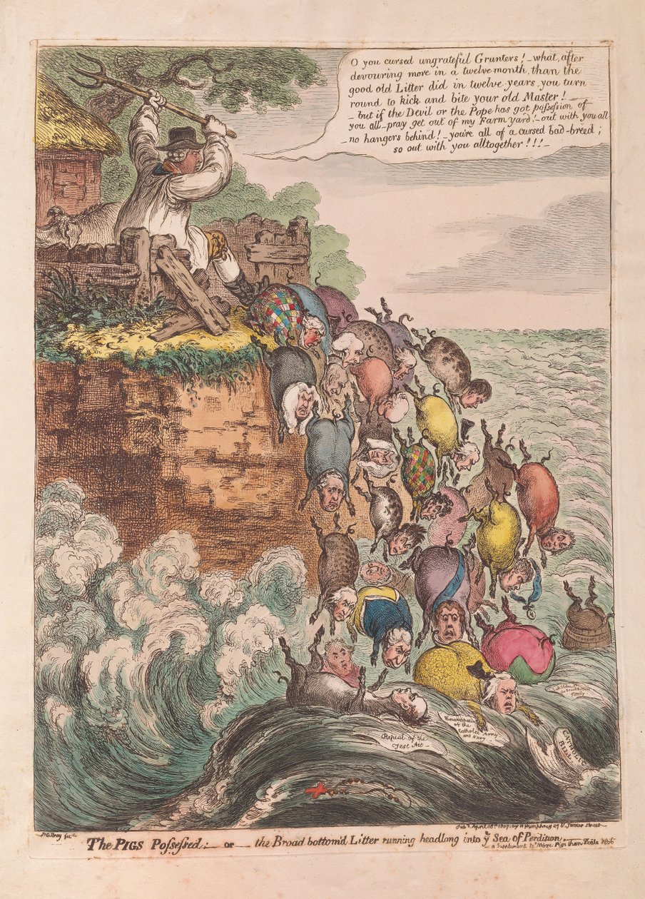 The Pigs Possessed: lub miot z szerokim dnem biegnący na oślep do Morza Zatracenia, pub. 1807 (grawerowanie ręcznie kolorowane) autorstwa James Gillray