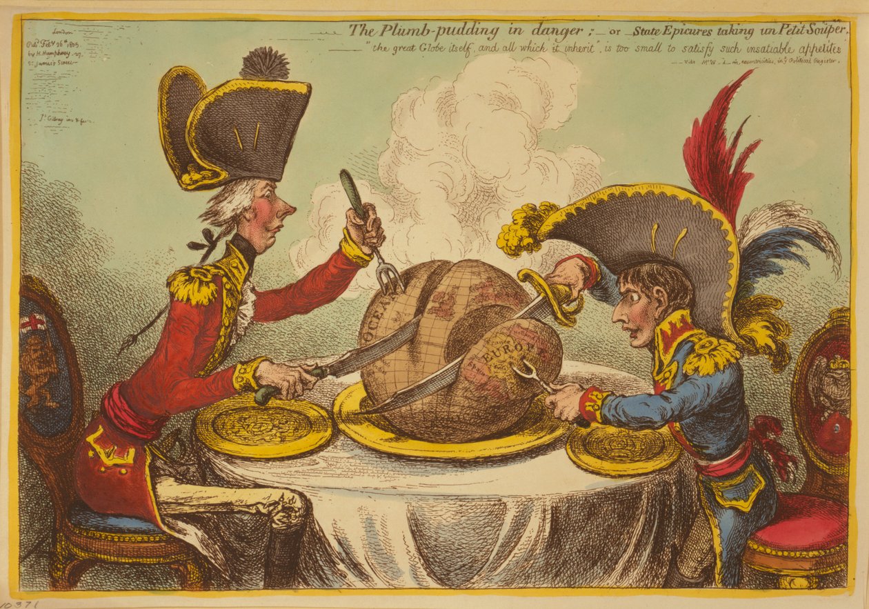 Pudding śliwkowy w niebezpieczeństwie lub państwowe epikure przy un Petit Souper autorstwa James Gillray
