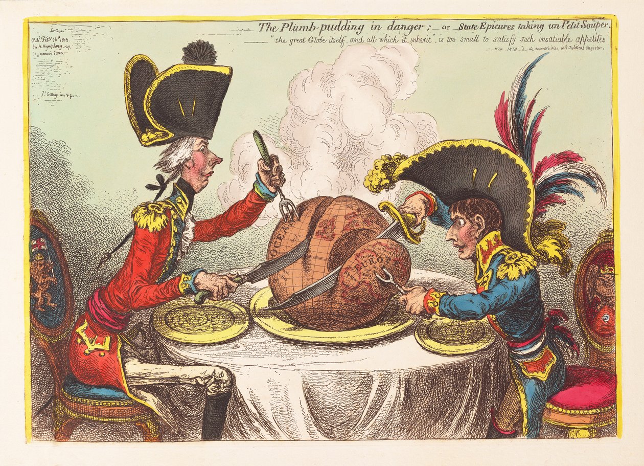 Pudding śliwkowy w niebezpieczeństwie lub State Epicures biorący un Petit Souper, wyd. 1805 (grawerowanie ręcznie kolorowane) autorstwa James Gillray