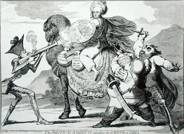 The Political Banditti Assailing the Saviour of India, opublikowana przez W. Hollanda w 1786 r. (akwaforta) autorstwa James Gillray