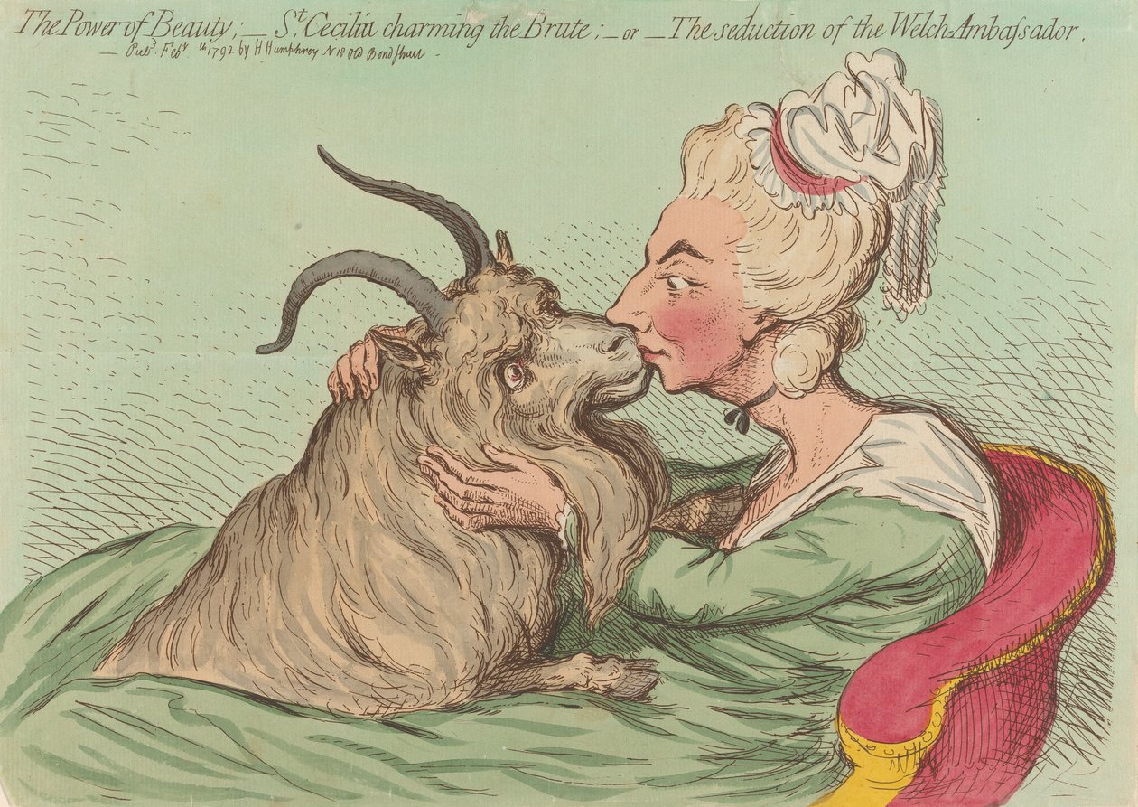 Potęga piękna; - Święta Cecylia oczarowuje bestię; - albo - Uwiedzenie walijskiego ambasadora (z: Caricature, t. 2) autorstwa James Gillray