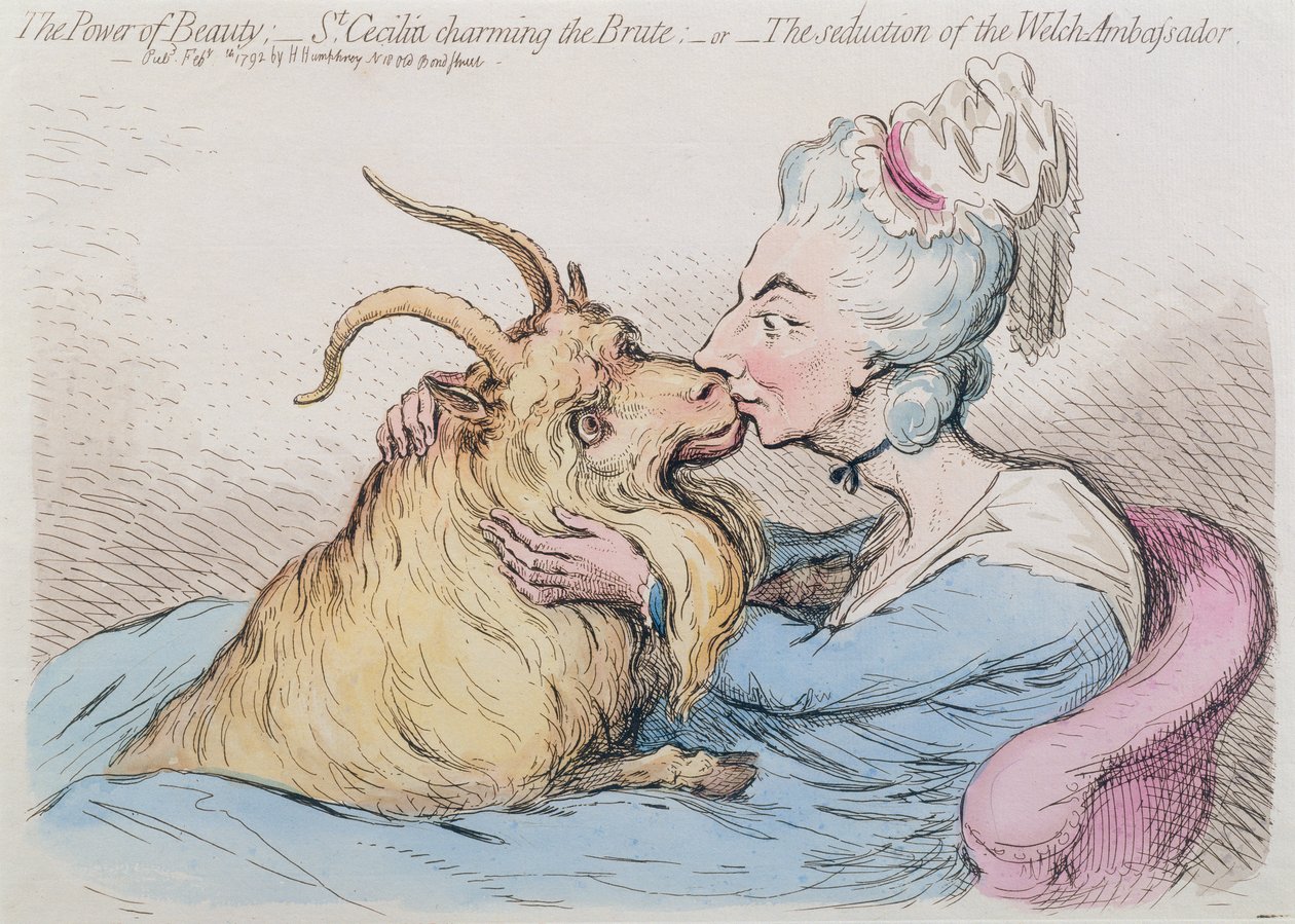 Potęga piękna: St. Cecilia Charming the Brute, or The seduction of the Welch Ambassador, opublikowana przez Hannah Humphrey w 1792 roku (akwaforta ręcznie kolorowana) autorstwa James Gillray