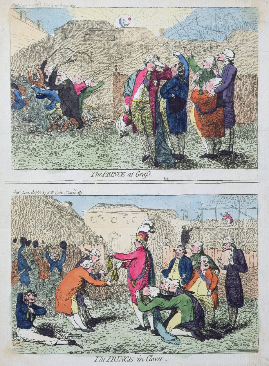 Książę na trawie i Książę w koniczynie, wydane przez S.W. Foresa w 1787 r. (akwaforta ręcznie kolorowana) autorstwa James Gillray