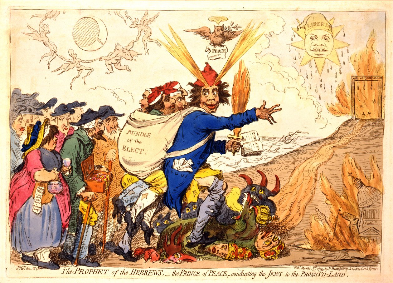 Prorok Hebrajczyków – Książę Pokoju prowadzący Żydów do Ziemi Obiecanej, wyd. Hannah Humphrey, 1795 (ręcznie kolorowane grawerowanie) autorstwa James Gillray
