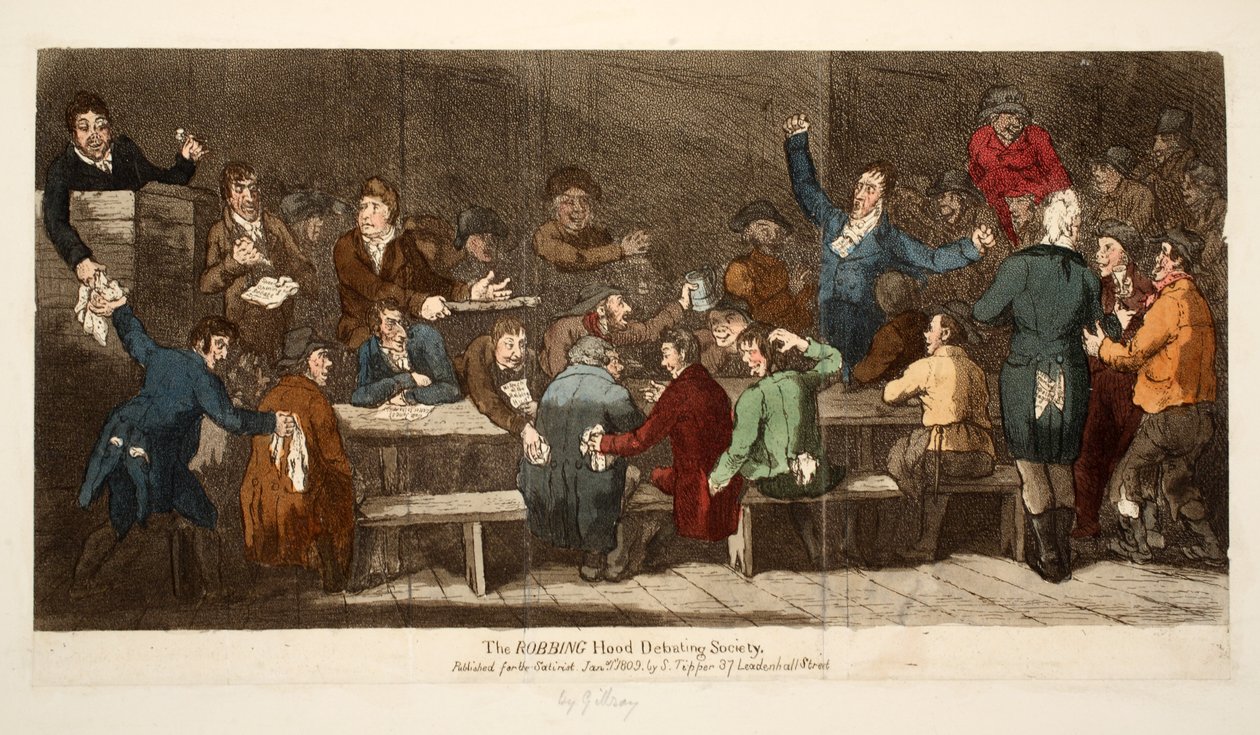 The ROBBING Hood Debating Society, pub S. Tipper, 1 stycznia 1809 (rycina ręcznie kolorowana) autorstwa James Gillray