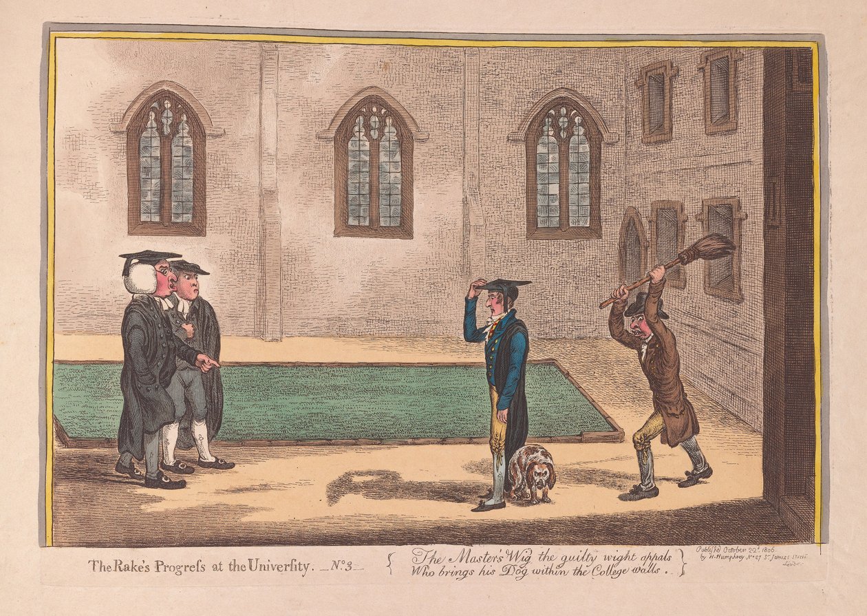The Rakes Progress na Uniwersytecie. nr 3, wyd. 1806 (grawerowanie ręcznie kolorowane) autorstwa James Gillray