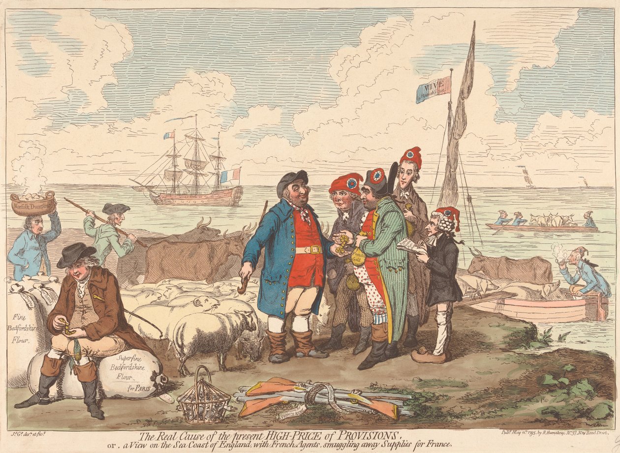 Prawdziwa przyczyna obecnych wysokich cen żywności, czyli widok wybrzeża Anglii z francuskimi agentami przemycającymi zaopatrzenie do Francji autorstwa James Gillray