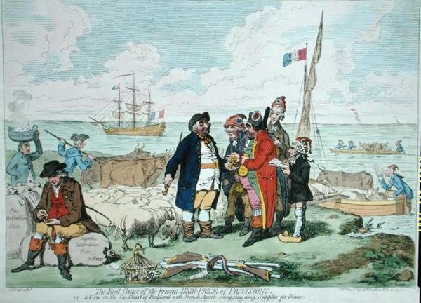 The Real Cause of the Present High Price of Provisions, opublikowana przez Hannah Humphrey w 1795 r. (akwaforta ręcznie kolorowana) autorstwa James Gillray