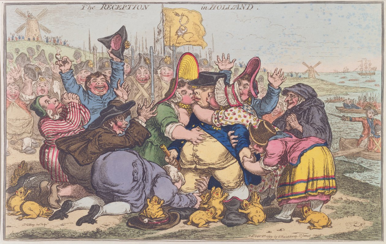 The Reception in Holland, wyd. Hannah Humphrey w 1799 r. (akwaforta ręcznie kolorowana) autorstwa James Gillray