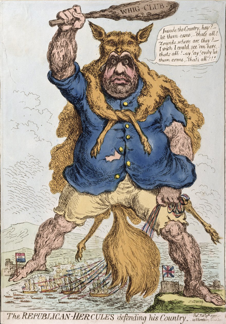 The Republican-Hercules Defending his Country, opublikowane przez Hannah Humphrey w 1797 roku (akwaforta ręcznie kolorowana) autorstwa James Gillray