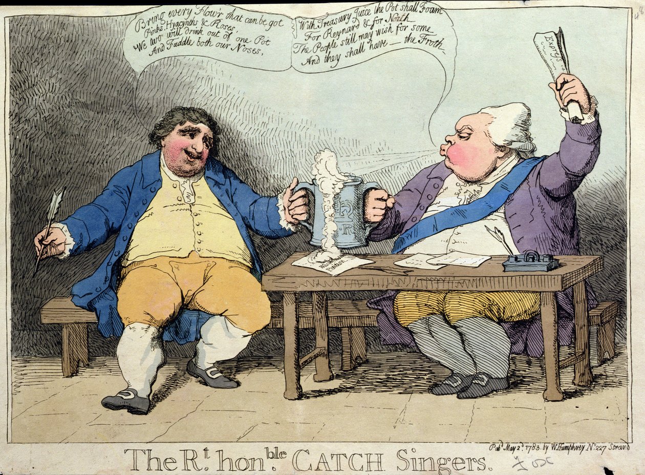 The Right Honorable Catch Singers, wydana przez Williama Humphreya w 1783 r. (akwaforta ręcznie kolorowana) autorstwa James Gillray