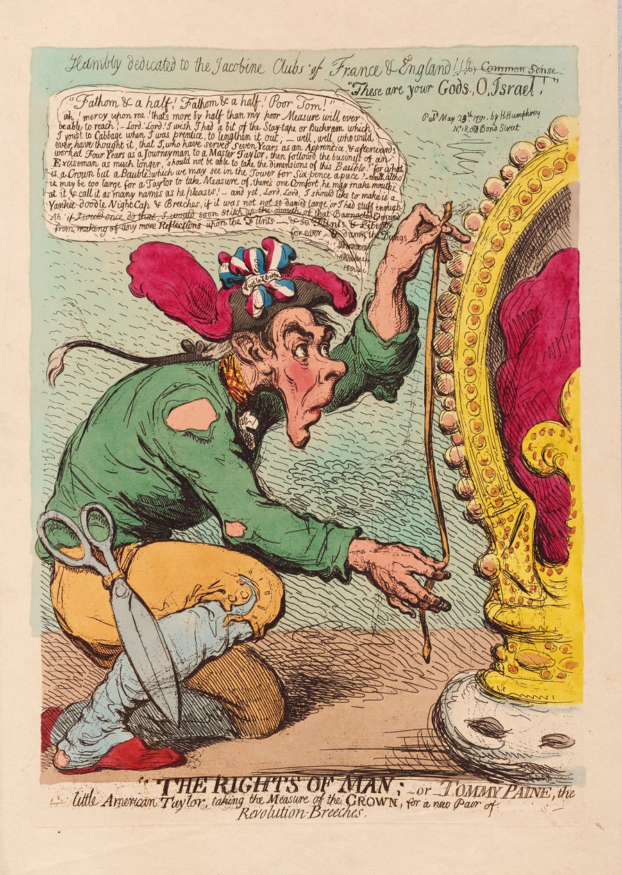 The Rights of Man, czyli Tomm Paine, mały Amerykanin Taylor mierzący koronę za nową parę bryczesów rewolucji, wyd. 1791 (grawerowanie ręcznie kolorowane) autorstwa James Gillray