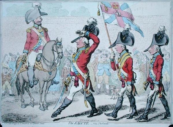The Salute, or The Parade, wydana przez Hannah Humphrey w 1797 r. (akwaforta ręcznie kolorowana) autorstwa James Gillray