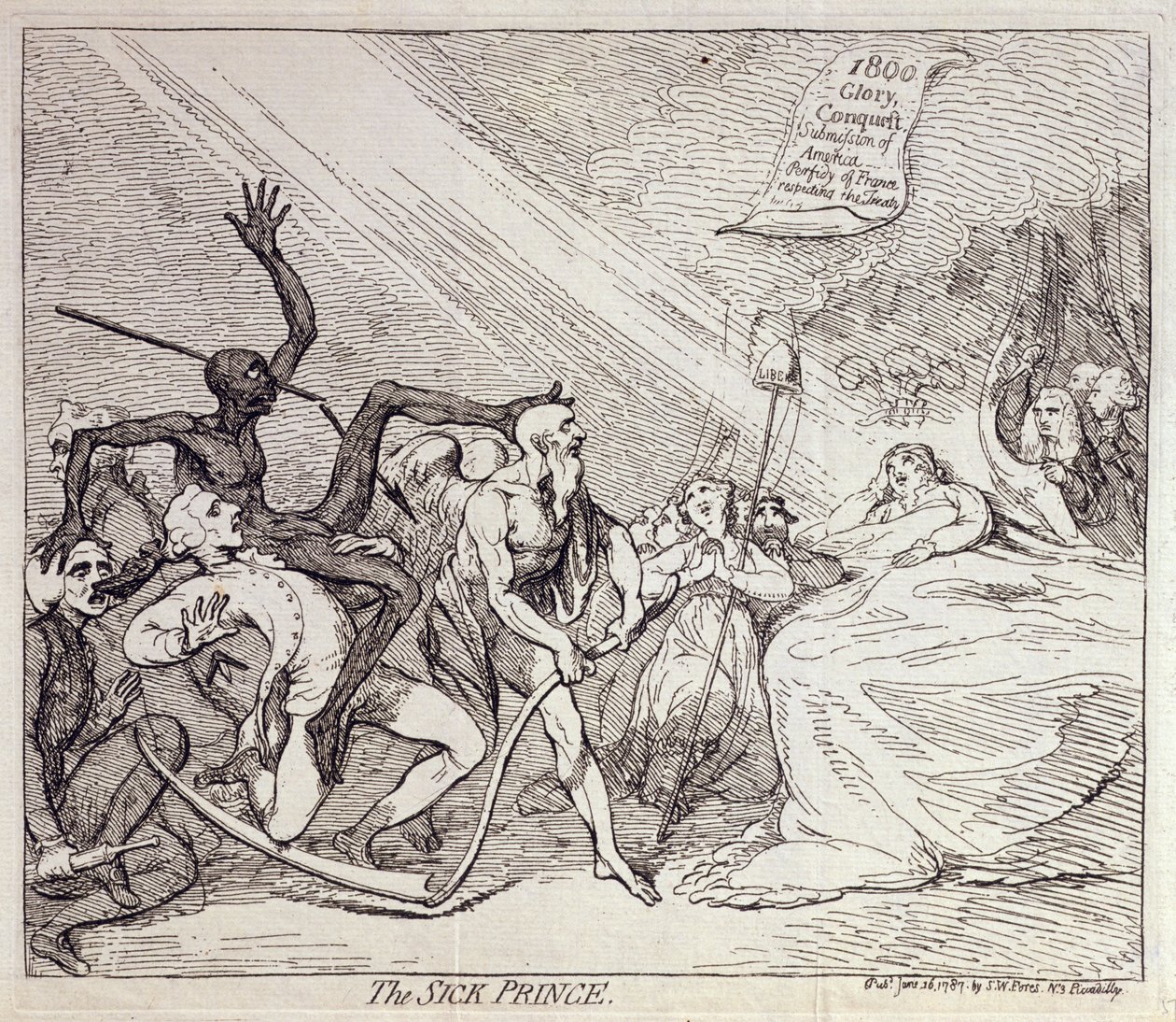 The Sick Prince, wyd. S.W. Fores w 1787 (akwaforta) autorstwa James Gillray