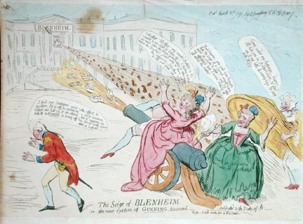Oblężenie Blenheim lub nowy system Gunning odkryty, opublikowany przez Hannah Humphrey w 1791 (akwaforta ręcznie kolorowana) autorstwa James Gillray