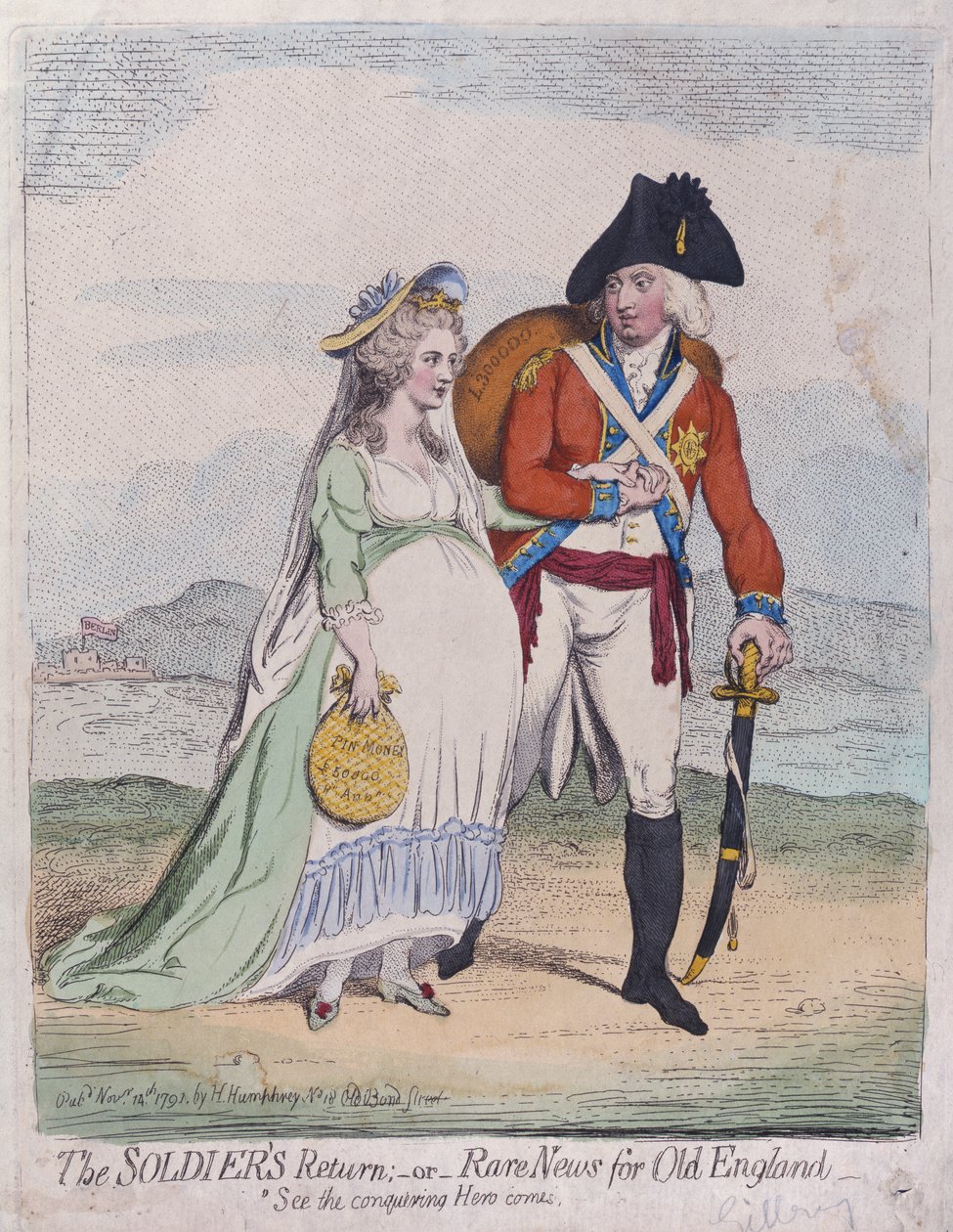 The Soldiers Return, or Rare News for Old England, opublikowane przez Hannah Humphrey w 1791 r. (akwaforta ręcznie kolorowana) autorstwa James Gillray
