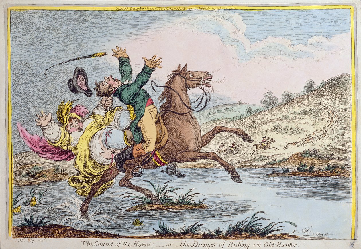 The Sound of the Horn, or The Danger of Riding an Old Hunter, wydana przez Hannah Humphrey w 1807 roku (akwaforta ręcznie kolorowana) autorstwa James Gillray