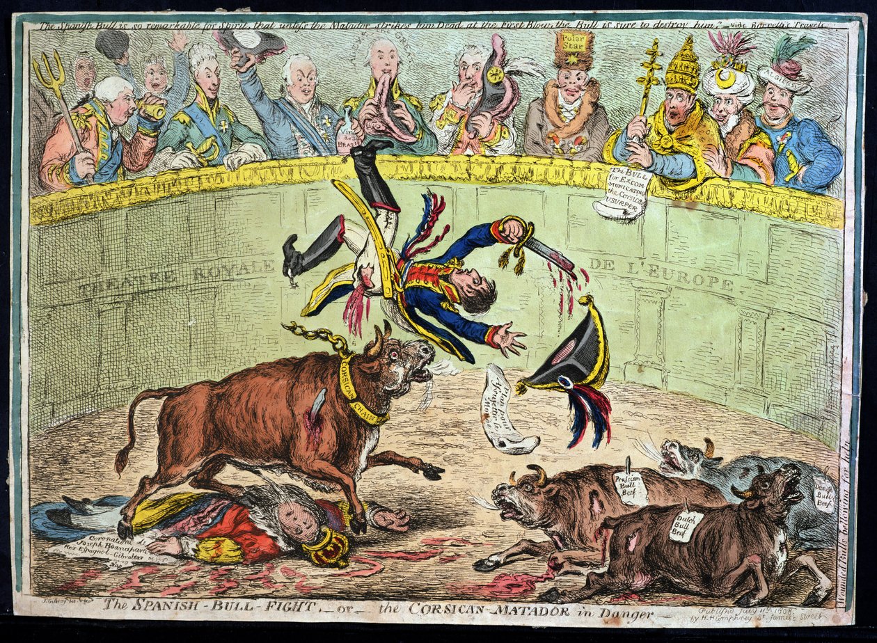 The Spanish Bull Fight, or The Corsican Matador in Danger, wydana przez Hannah Humphrey w 1808 roku (akwaforta ręcznie kolorowana) autorstwa James Gillray