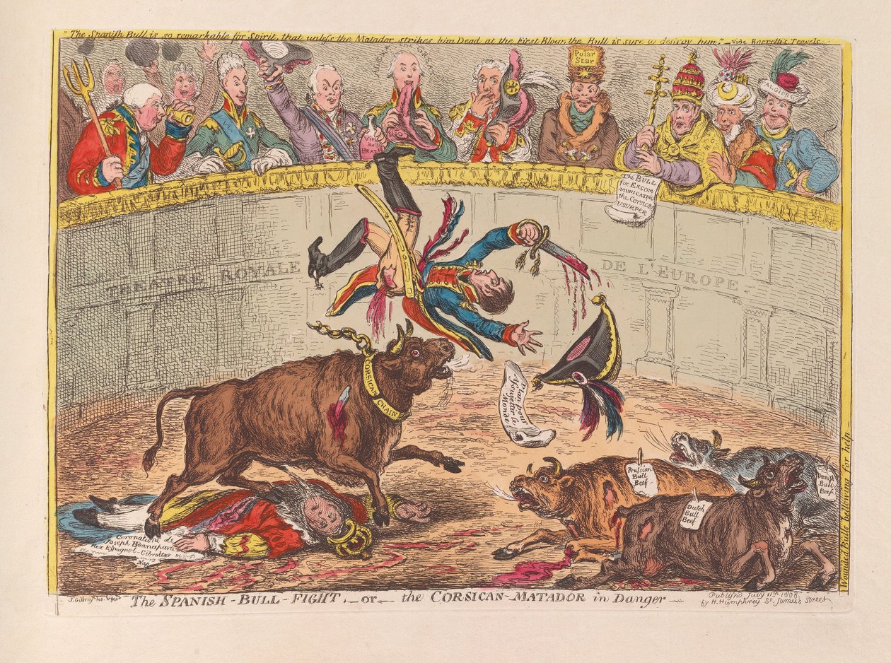 Hiszpańska walka byków lub korsykański Matador w niebezpieczeństwie, wyd. 1805 (grawerowanie ręcznie kolorowane) autorstwa James Gillray