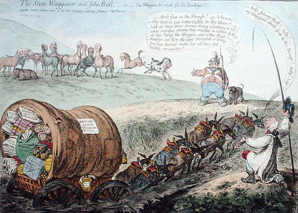 The State Waggoner and John Bull, or The Waggon too much for the Donkeys! opublikowane przez Hannah Humphrey w 1804 roku (akwaforta ręcznie kolorowana) autorstwa James Gillray