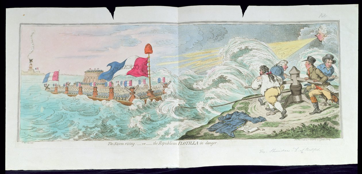 The Storm Rising, or The Republican Flotilla in danger, opublikowane przez Hannah Humphrey w 1798 roku (ręcznie kolorowana akwaforta) autorstwa James Gillray