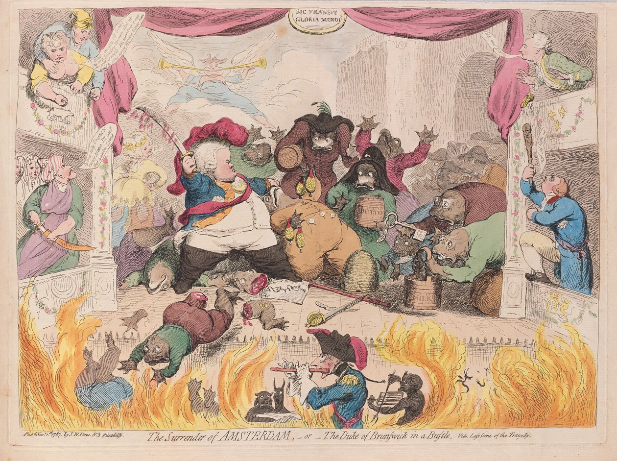 Poddanie się Amsterdamu lub książę Brunszwiku w zgiełku, wyd. 1787 (ręcznie kolorowany grawer) autorstwa James Gillray