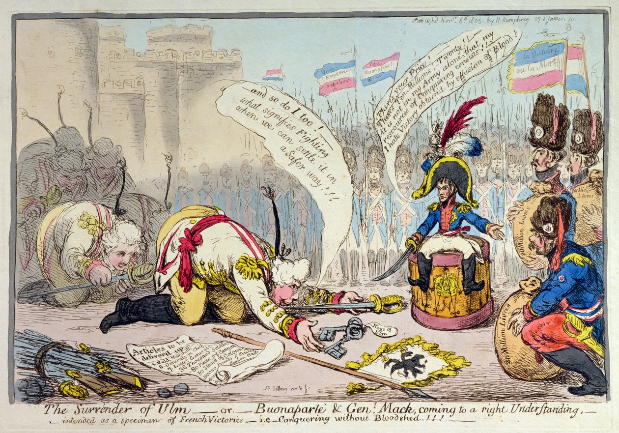 The Surrender of Ulm, or Buonaparte and General Mack coming to a right Understanding, wydana przez Hannah Humphrey w 1805 roku (akwaforta ręcznie kolorowana) autorstwa James Gillray