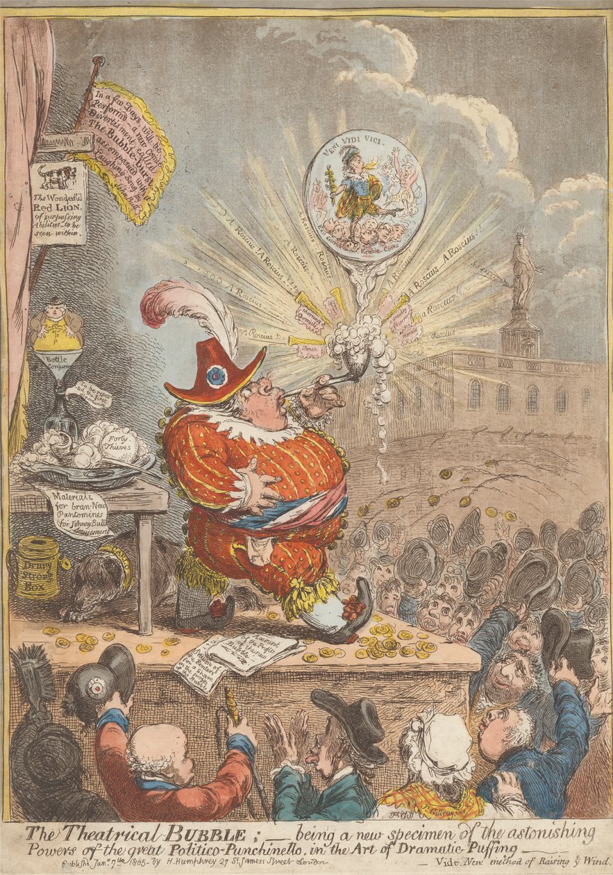 Bańka teatralna: bycie nowym okazem zdumiewających mocy wielkiego polityka-punchinello w sztuce dramatycznego sapania autorstwa James Gillray