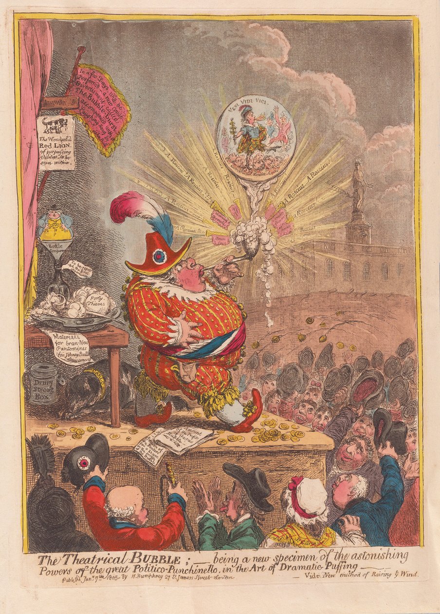 Theatrical Bubble: nowy przykład zdumiewających Mocy wielkiego Polityczno-Punchinello w Art of Dramatic Puffing, wyd. 1805 (grawerowanie ręcznie kolorowane) autorstwa James Gillray