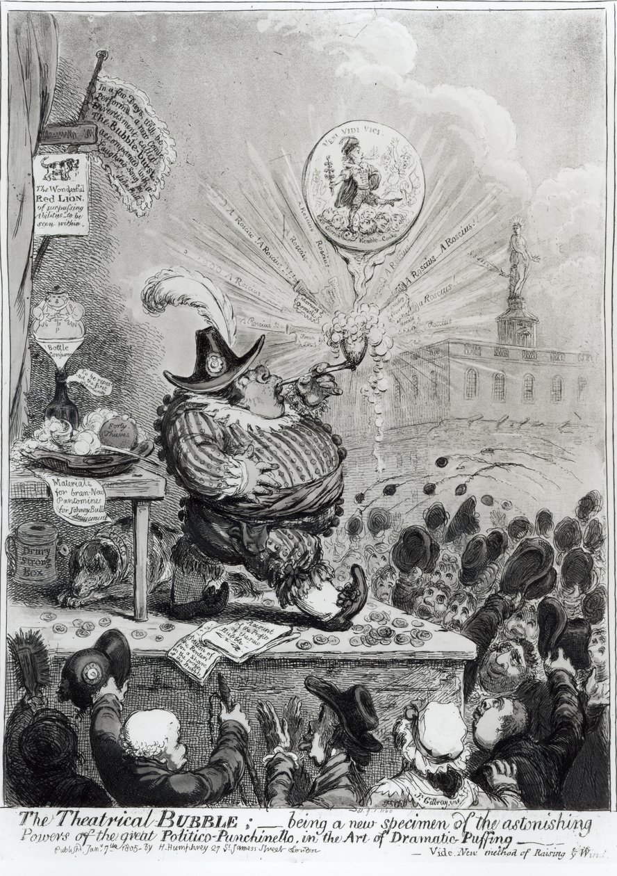 Theatrical Bubble... wyd. Hannah Humphrey (fl.1778-1822) 1805 (akwaforta i akwatinta) autorstwa James Gillray