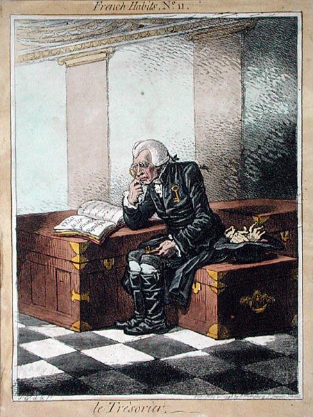 Skarbnik, tablica 11 z „Nawyków francuskich” wydanej przez Hannah Humphrey w 1798 r. (akwaforta kolorowa) autorstwa James Gillray
