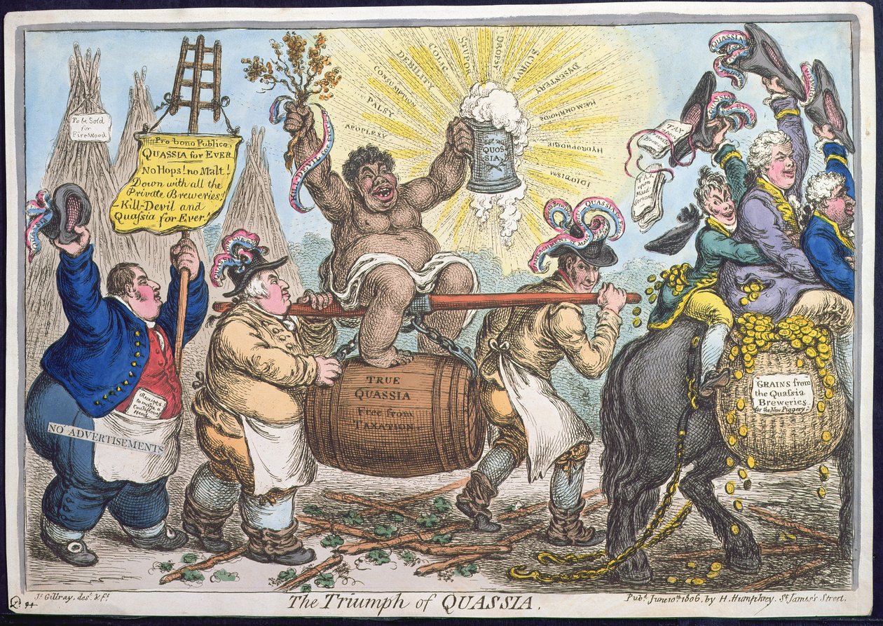 Triumph of Quassia, wydana przez Hannah Humphrey w 1806 r. (akwaforta ręcznie kolorowana) autorstwa James Gillray
