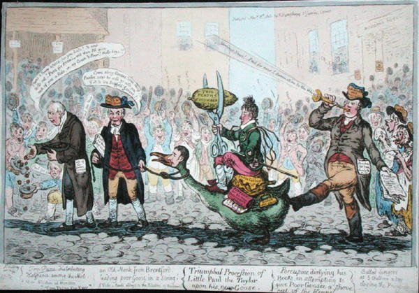 Triumfalna procesja małego Paula Taylora po jego nowej gęsi, opublikowana w 1806 r. (akwaforta ręcznie kolorowana) autorstwa James Gillray