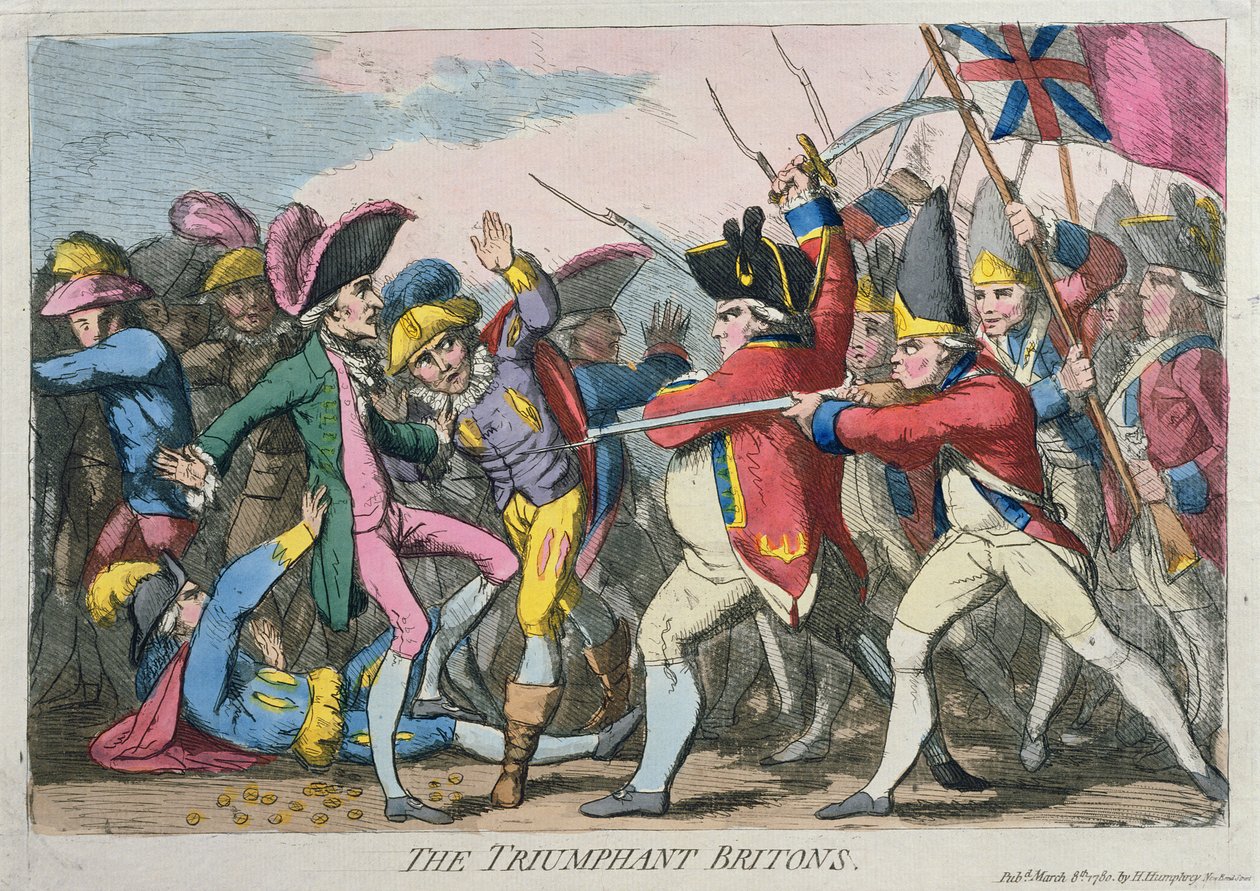 Triumfujący Brytyjczycy, wydana przez Hannah Humphrey w 1780 roku (akwaforta ręcznie kolorowana) autorstwa James Gillray