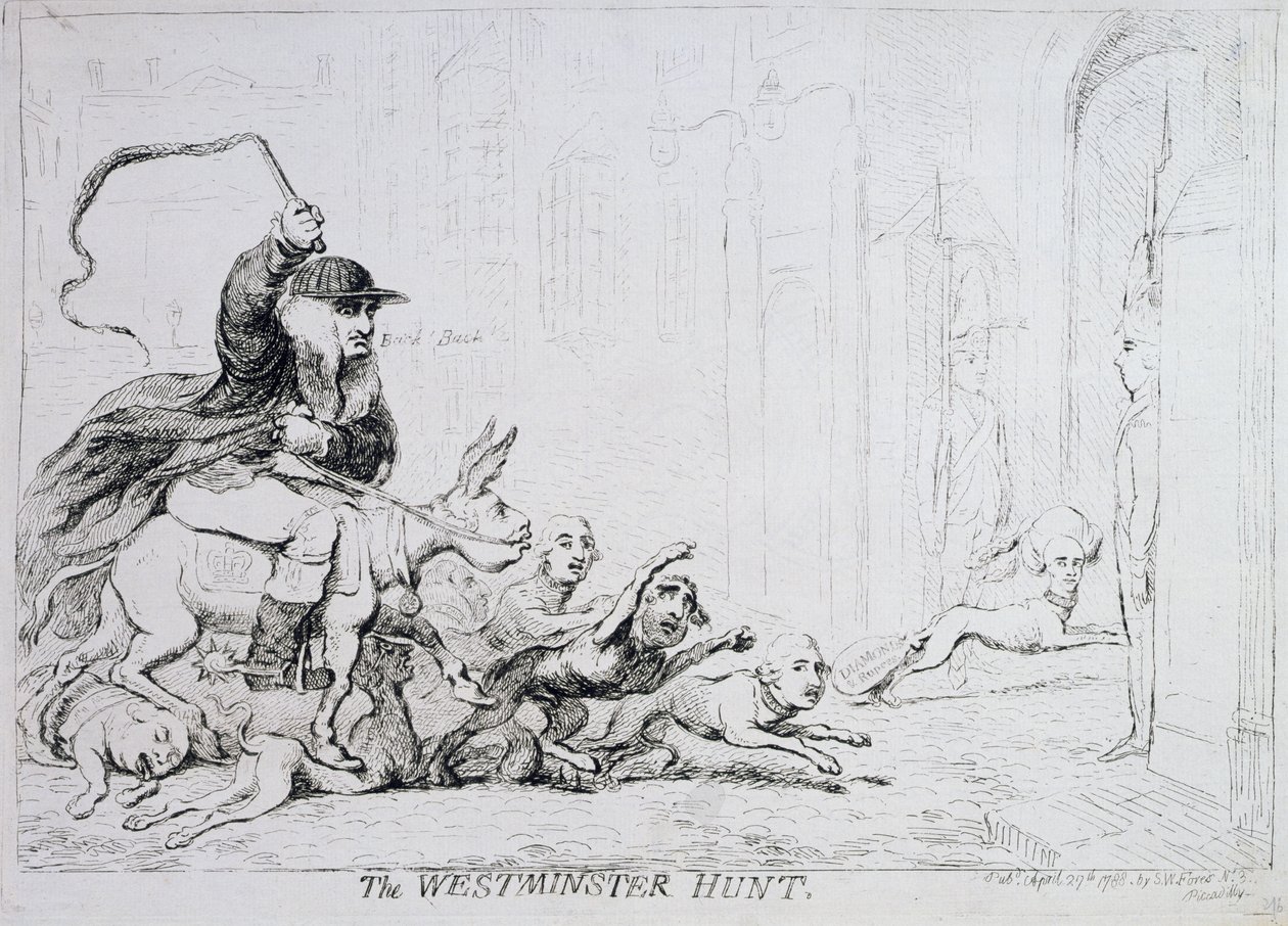 The Westminster Hunt, opublikowane przez 1788 (akwaforta ręcznie kolorowana) autorstwa James Gillray