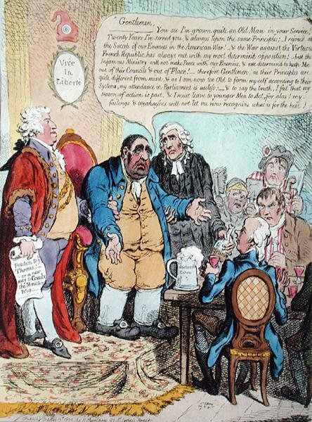 The Worn Out Patriot lub The Last Dying Speech of the Westminster Representative na spotkaniu rocznicowym 10 października 1800 r., które odbyło się w Shakespeare Tavern, opublikowane przez Hannah Humphrey w 1800 r. (akwaforta ręcznie kolorowana) autorstwa James Gillray