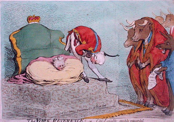 Obficie nagradzana książka York Reverence lub City Loyalty, opublikowana przez Hannah Humphrey w 1791 r. (akwaforta ręcznie kolorowana) autorstwa James Gillray