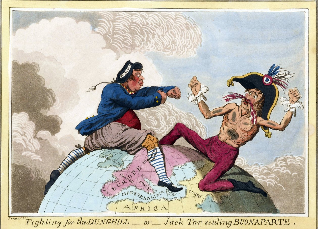 Walka o Dunghills lub Jack Tar (reprezentująca ludzi brytyjskiej marynarki wojennej) przeciwko Napoleonowi Bonaparte (1769-1821). autorstwa James Gillray