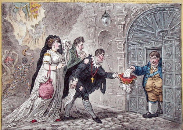 Żebracy teatralni zwolnieni, opublikowana przez Hannah Humphrey w 1809 r. (akwaforta ręcznie kolorowana) autorstwa James Gillray