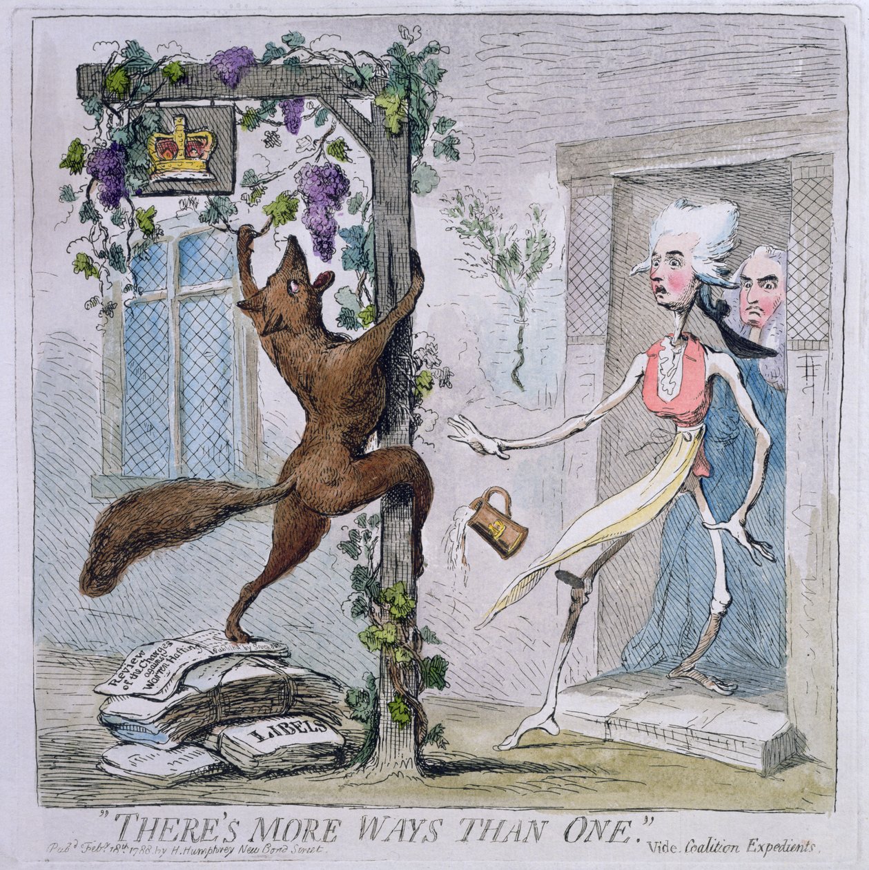 „Jest więcej sposobów niż jeden” lub Coalition Expedients, opublikowane przez Hannah Humphrey w 1788 r. (akwaforta ręcznie kolorowana) autorstwa James Gillray
