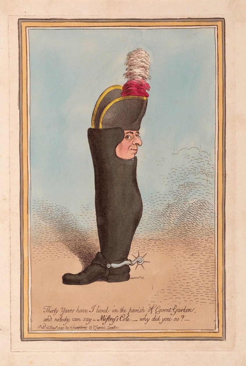 Od trzydziestu lat mieszkam w parafii Covent Garden i nikt nie może powiedzieć... Pani Cole, dlaczego to zrobiłaś?, wyd. 1797 (grawerowanie ręcznie kolorowane) autorstwa James Gillray
