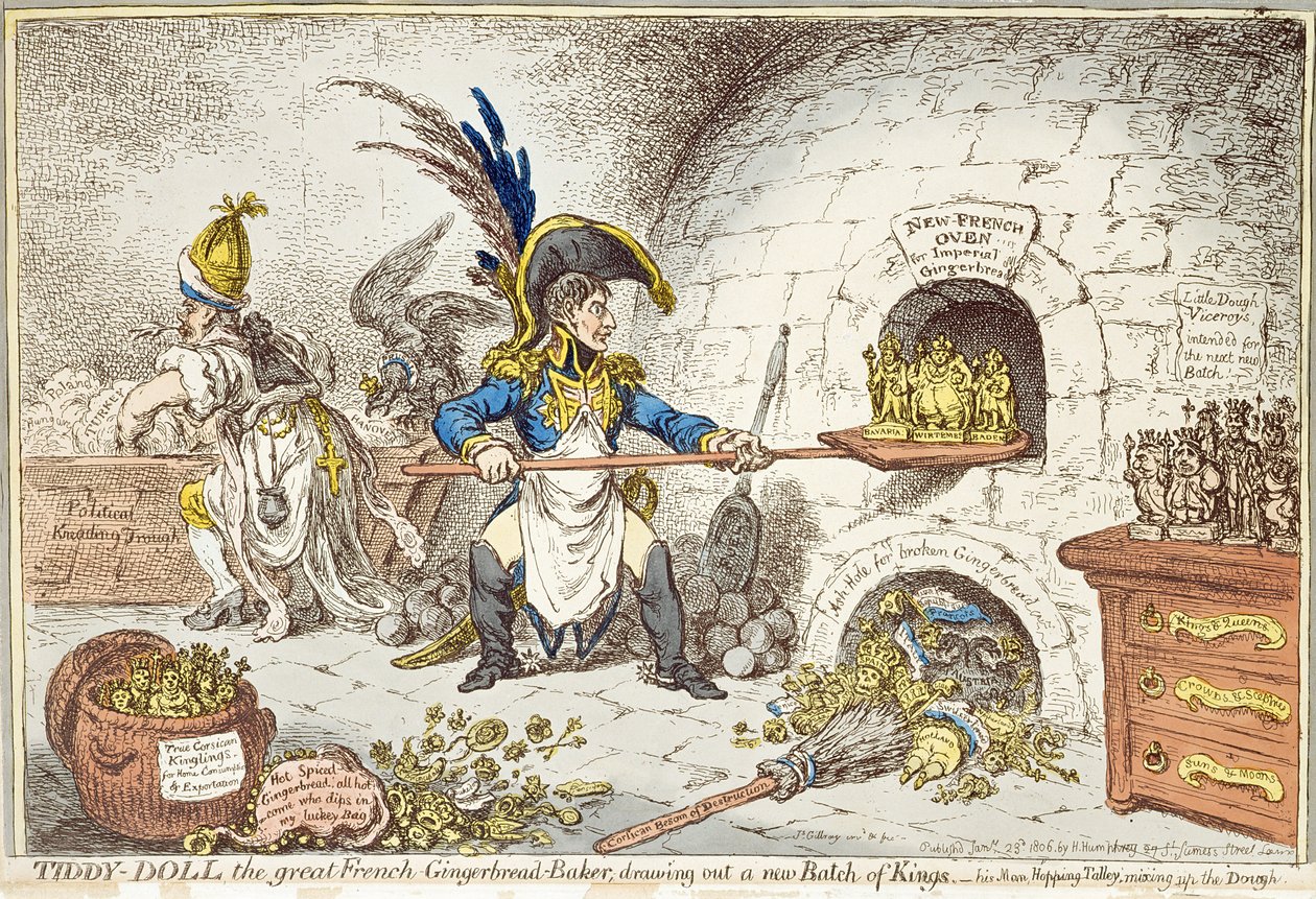 „Tiddy-Doll, wielki francuski producent pierników, rysuje nową partię króli. His Man, Hopping Talley, Mixing Up the Dough”, wyd. Hannah Humphrey, 23 stycznia 1806 (akwatinta) autorstwa James Gillray