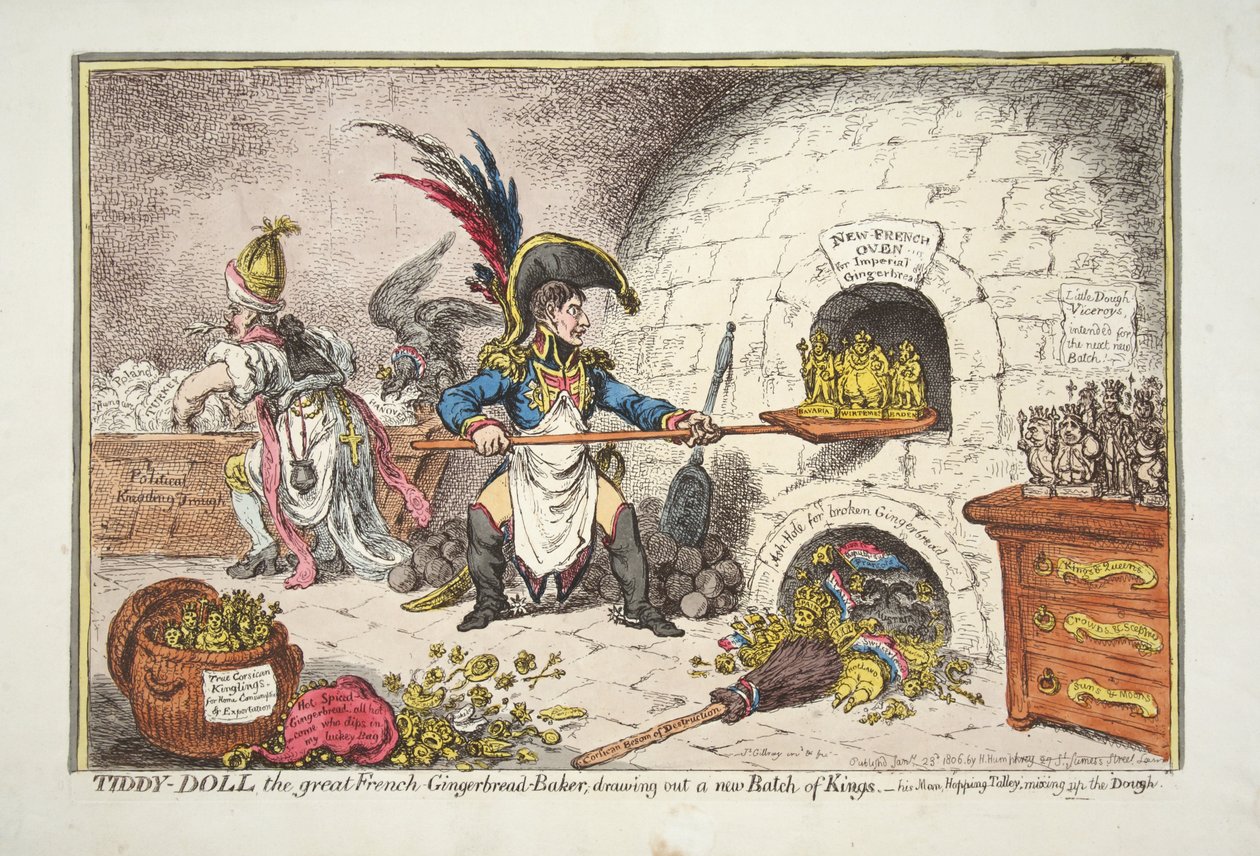 Tiddy-Doll, wielki francuski piekarz piernikowy, rysuje nową partię królów. - jego Man Hopping Talley, mieszanie ciasta, pub. 1806 (grawerowanie ręcznie kolorowane) autorstwa James Gillray