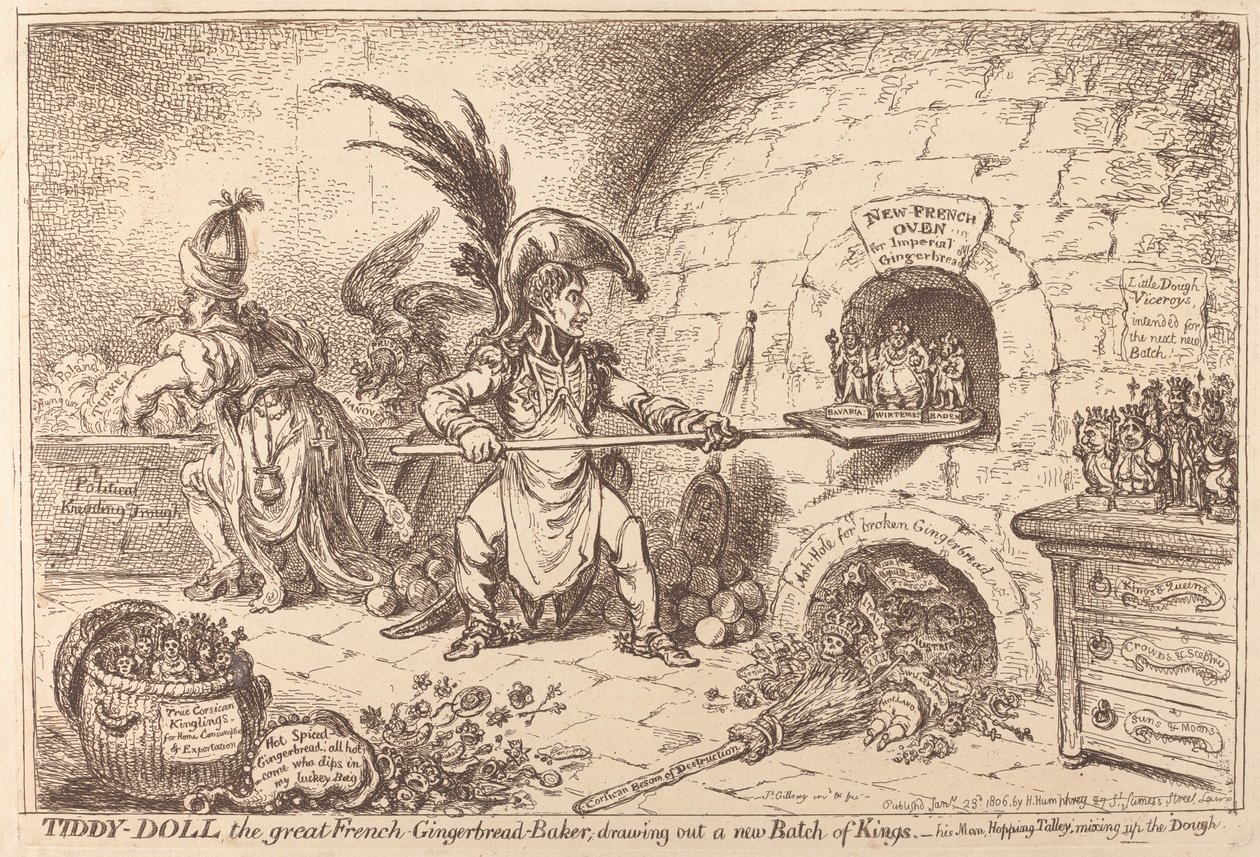 Tiddy-Doll, wielka piekarka pierników, przygotowuje nową partię pierników królewskich autorstwa James Gillray